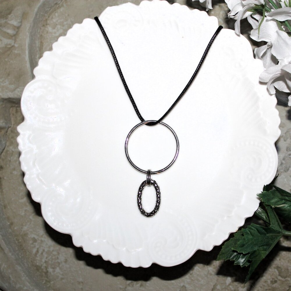 Modern Silver Tone Circle & Oval Pendant Necklace Black Cord Adjustable Length
